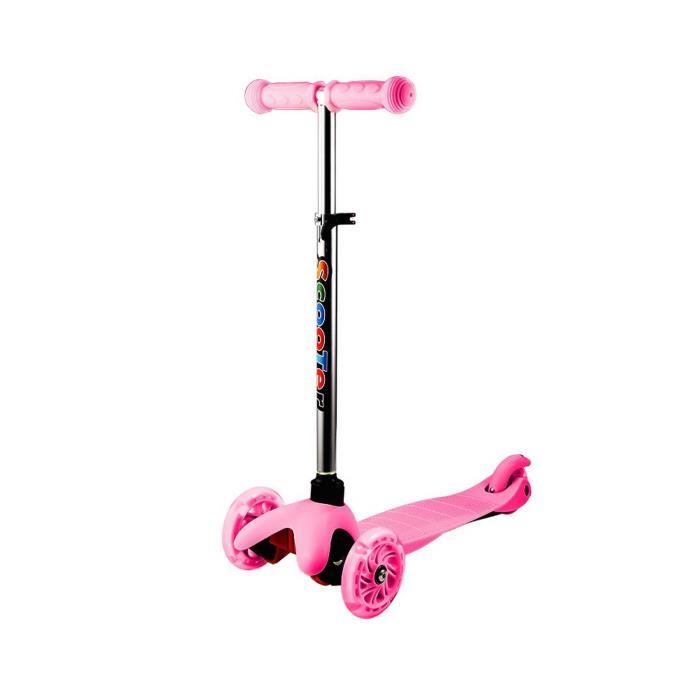 Trottinette Enfant 3 Roues à LED Clignotantes, Scooter Hauteur Réglable de 57-69cm avec Frein Arrière pour Les Enfants 2-8 Ans, Rose