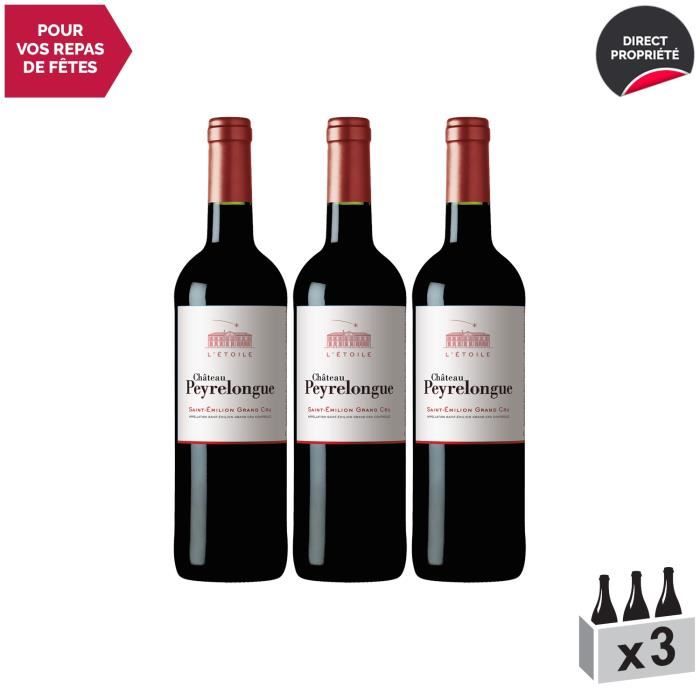 Château Peyrelongue Saint-Emilion Grand Cru L'Etoile Rouge 2018 - Lot de 3x75cl - Vin AOC Rouge de Bordeaux - Cépages Merlot, Cabern