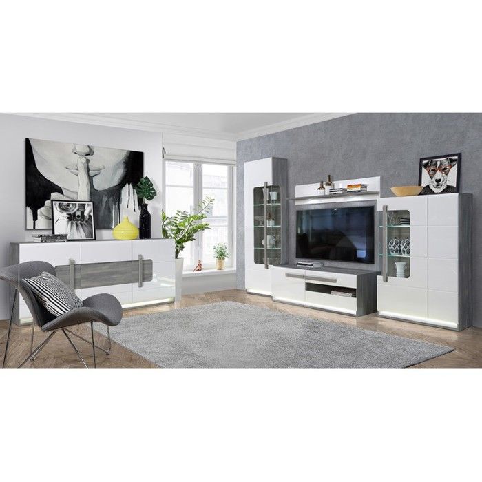 Meuble TV blanc laqué et décor chêne gris - Collection ALEXIANE