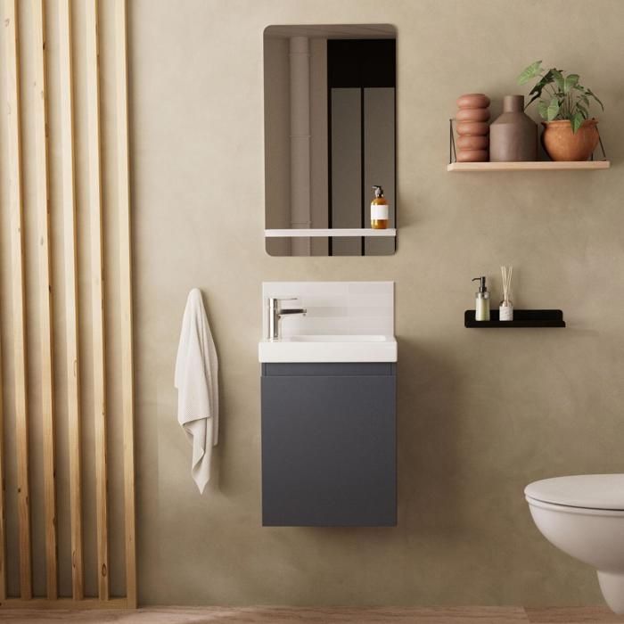 Lave-mains gris anthracite LISA avec miroir tablette blanche
