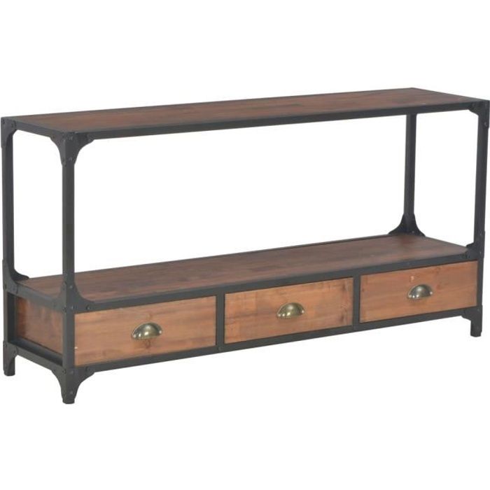 Meuble TV Industriel - Meuble de Rangement - Bois de Pin Massif - Cadre Métallique - Décor Maron et Noir - 120 x 30 x 60 cm