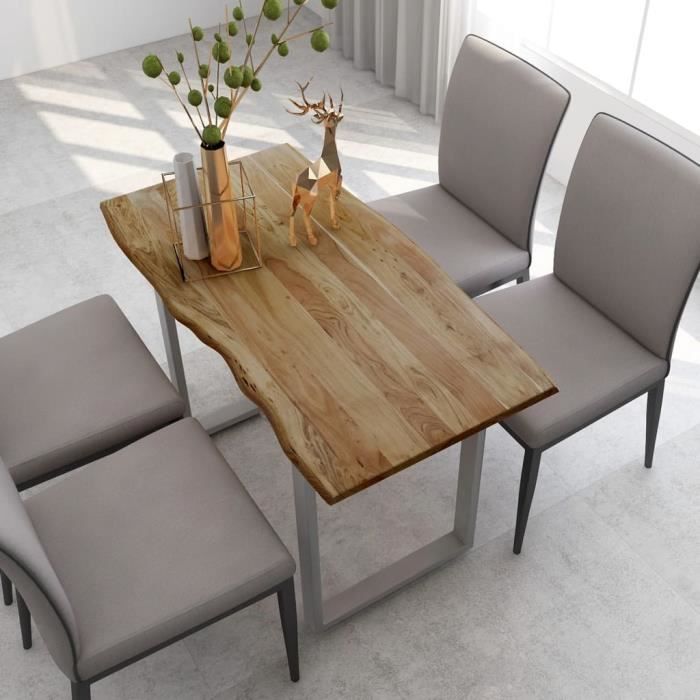 Table salle à manger de 4 à 6 personnes Industriel et Rustique - Bois d'acacia Solide & Pieds en Acier Argenté - 118x58x76 cm