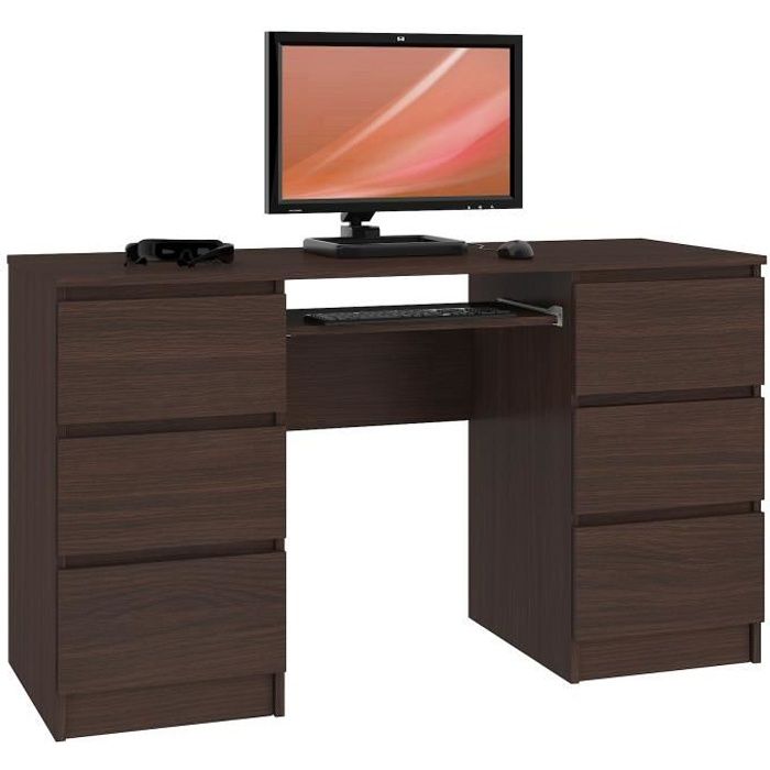 GOYA - Bureau informatique moderne 135x77x50 - 6 tiroirs + support clavier - Table ordinateur multi-rangements - Wengé