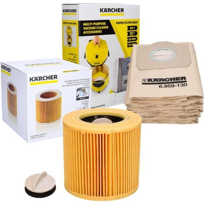 Lot de 5 sacs d'aspirateur + filtre à cartouche compatibles avec Kärcher 6.959-130.0 WD 3 MV 3