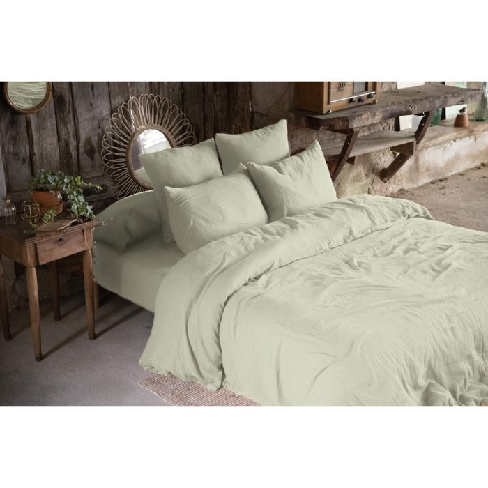 CDaffaires Pack gaze de coton parure de couette 220x240 cm + drap housse 140x190 + 2 taies 50x70 Vert