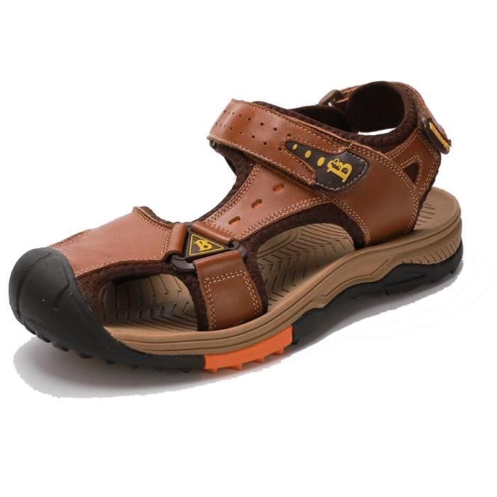MBF® Homme Sandales Casual Plage Randonnée Toe Fermé en Cuir Vachette Chaussures de Sport Anti-glissant Confortable - Brune Claire