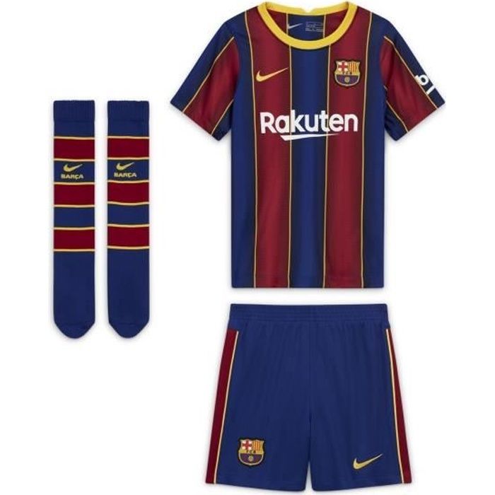Mini Kit Barça Domicile 2020/2021 Maillot / Short : 100 % Polyester recyclé. Chaussettes : 71 % Nylon / 26 % Polyester / 3 % Elastha