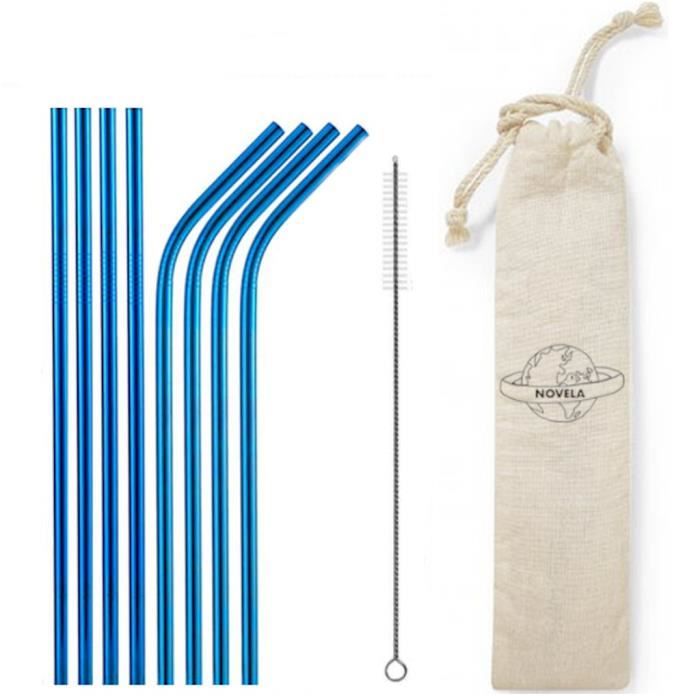 Pailles en inox bleu droites et courbées lot de 8