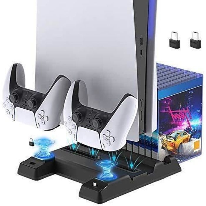 Support PS5 Ventilateur de Refroidissement et Station de Charge avec Stockage 11 Discs pour Playstation 5, Chargeur Manette PS5 - V5