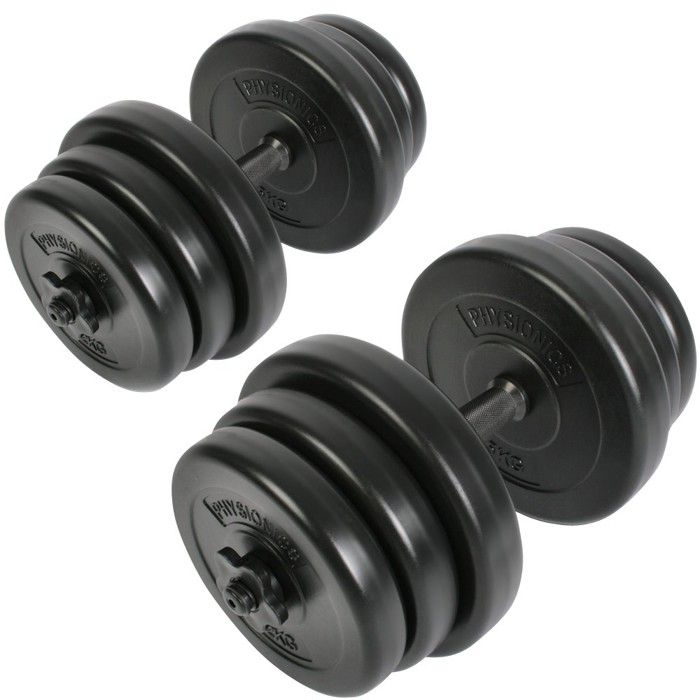 Physionics® Haltère / Poids de Musculation - 2 x 20 kg, 2 Barres Courtes et 4 Fermoirs - Disques pour Fitness, Set d'Haltères Courts