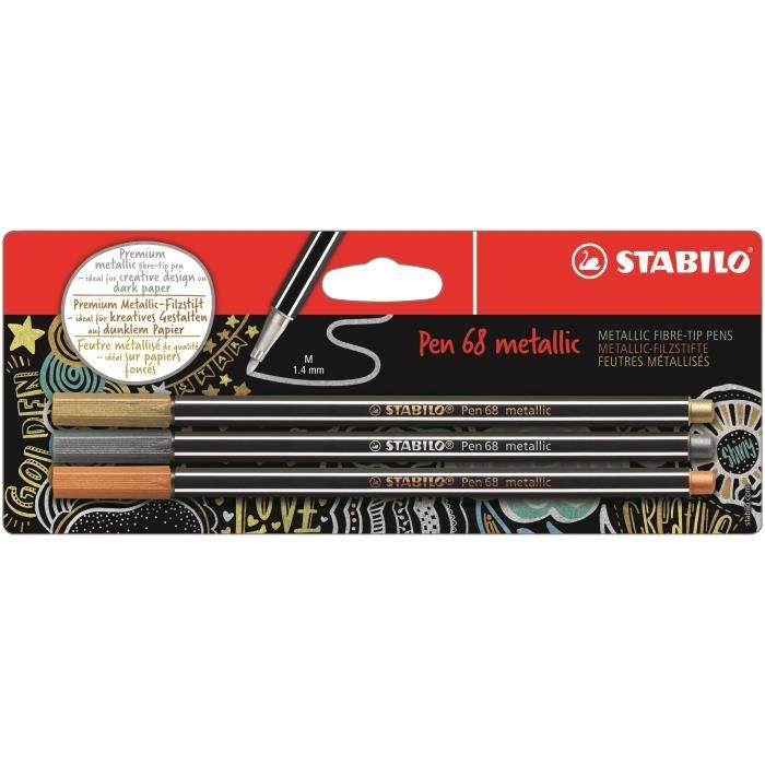 STABILO Blister de 3 feutres métallisés - Pen 68 metallic - Or, argent, cuivre