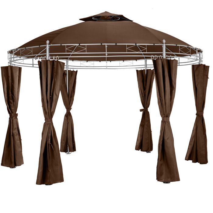 TECTAKE Tonnelle de Jardin Ronde avec Panneaux Latéraux 4 Piliers en Métal 3,5 m x 2,8 m Marron