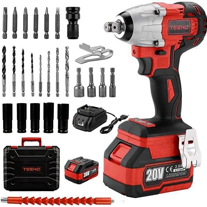 Boulonneuse à Choc sans fil TEENO 320Nm avec 2*3.0Ah Batterie, Boîte avc 26pcs Accessoires
