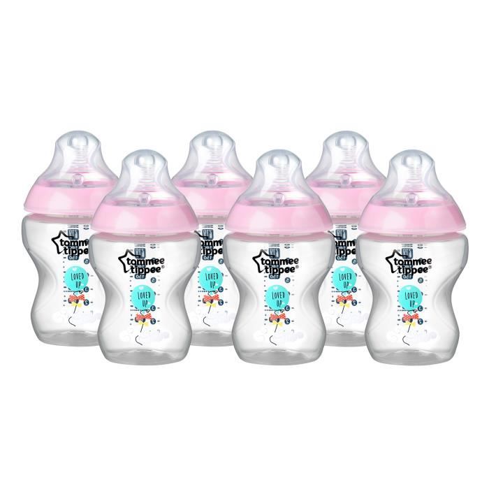 Tommee Tippee Biberons Closer To Nature, Valve Anti-Colique, Tétine Souple, Lot de 6, 0+ Mois, 260 ml, Rose