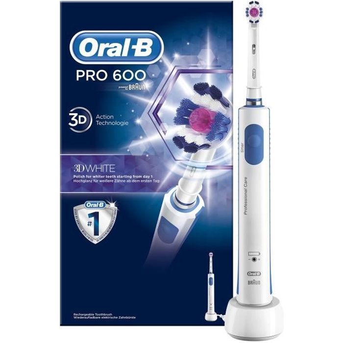Oral-B PRO 600 Brosse à Dents Électrique Rechargeable, 1 Manche, 1 Brossette 3D White, Technologie 3D, Élimine plaque dentaire