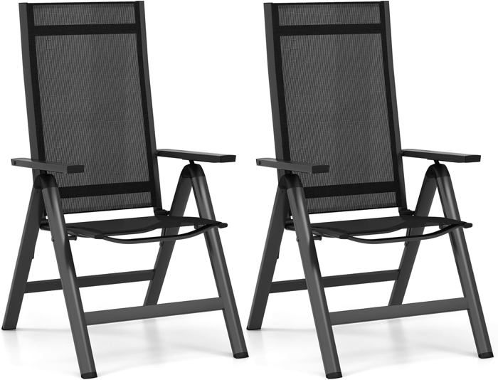 GOPLUS 2 Chaise de Jardin Pliante-Dossier Réglable en 7 Positions-Accoudoirs-Légère/Portable-en Alliage d'Aluminium&Maille Noir
