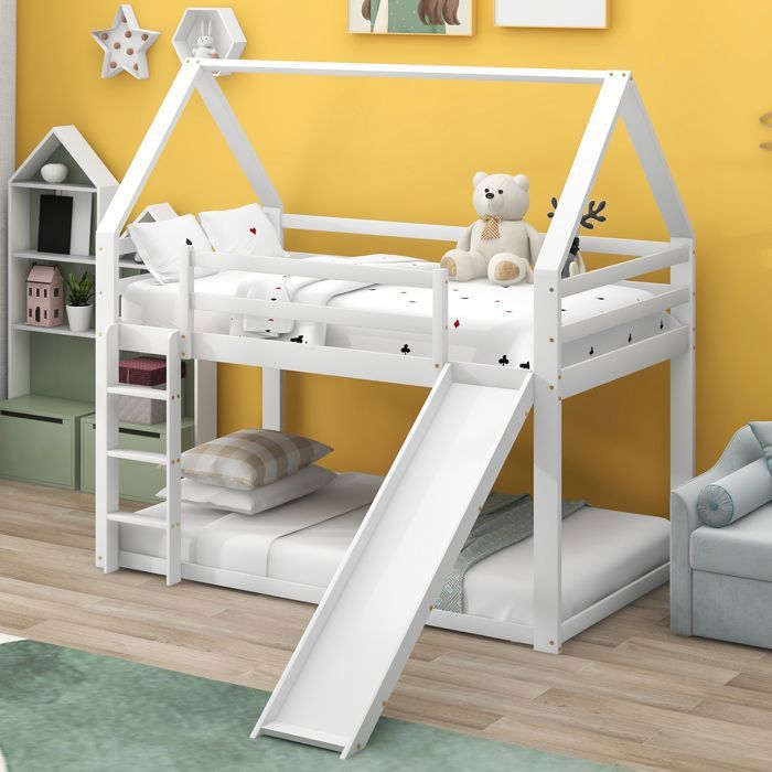Lit Superposé Cabane En Bois Avec Toboggan Et Escalier - 90x200 Cm - Pin Et Métal, Blanc - Sans Matelas - 6
