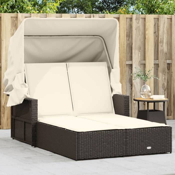 vidaXL Chaise Longue Double avec Auvent et Coussins Bain de Soleil Transat de Jardin Patio Terrasse Arrière cour 365808