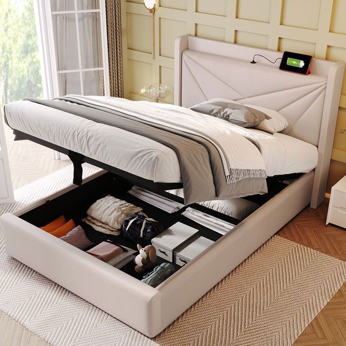 Lit coffre - PUGSDRLY - Rembourré 90x200 cm Beige - Tête de lit USB/Type-C - Grand coffre