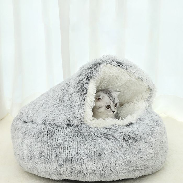 Meilleurs prix pour Lit Rond Moelleux pour Chat - en Peluche Douce - avec Capuche - pour l'hiver - Antidérapant - Lavable en Machin-Gris-50 cm