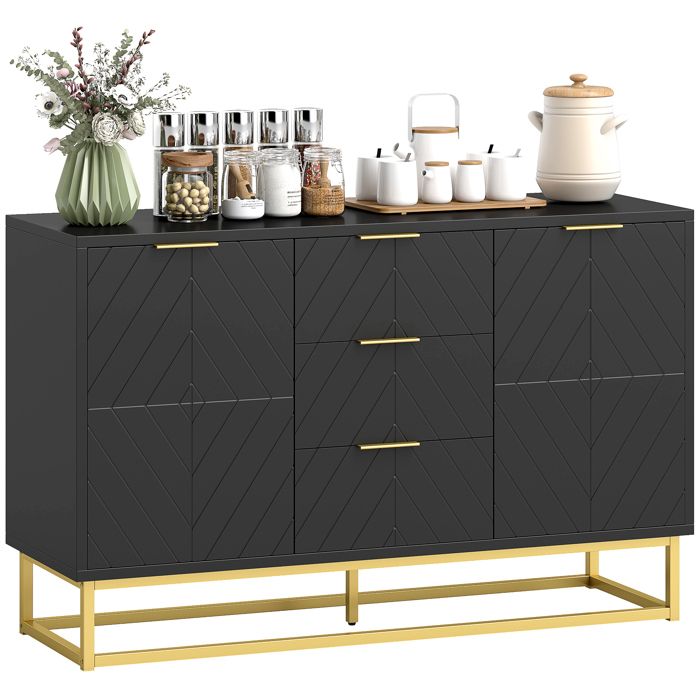 Buffet - HOMCOM - contemporain graphique - 2 placards porte étagères réglables 3 tiroirs coulissants - en bois noir métal doré