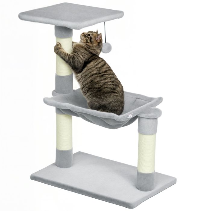 Arbre à chat - PawHut - 3 griffoirs grattoirs sisal naturel plateforme hamac et boule suspendue - 50x26x70cm - peluche courte gris