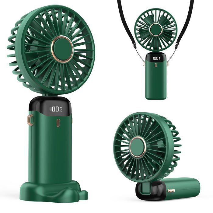 Ventilateur Portable 4200mAh USB avec Écran LED 3-en-1 Main / Cou / Bureau Pliable et Inclinable à 90° Idéal pour Été (Vert) - Beijiyi
