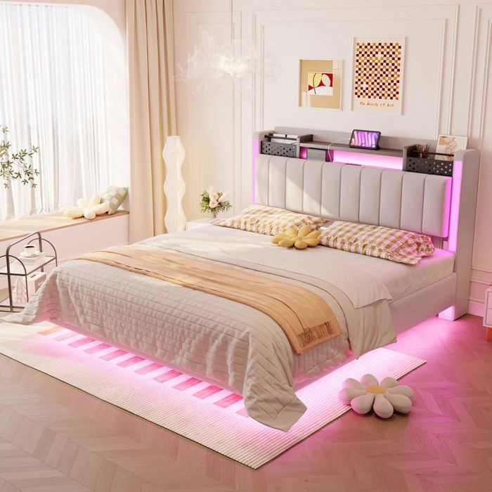 Lit double 140 x 200 cm avec éclairage LED et prise USB Lit rembourré Lit adulte Tête de lit avec espace de rangement Lin