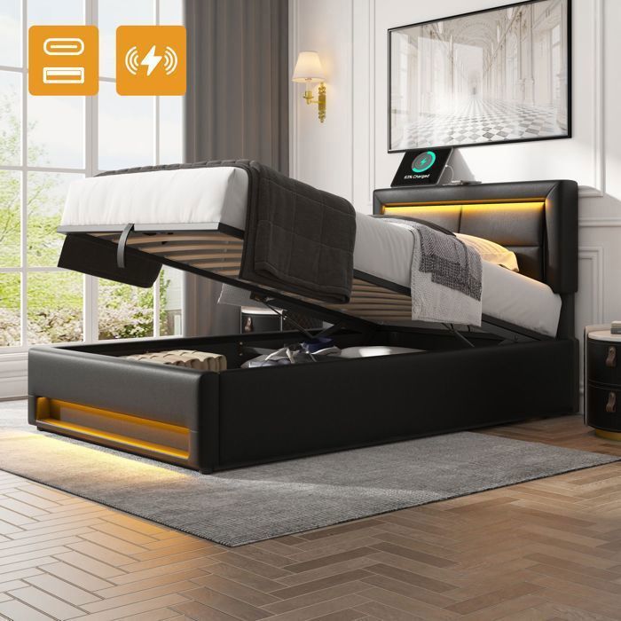 Lit coffre - O.Ye- Lit simple rembourré 90x200 cm avec LED et USB - Lit dadolescent avec charge sans fil et Noir Noi LIT COMBINE