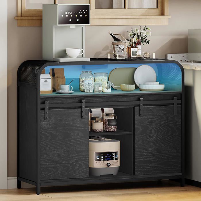 Buffet Cuisine, Meuble de Rangement,avec Multiprise et Éclairage LED,2 Tiroirs et 2 Portes,Étagères Réglables,35 x 100 x 85 - Maison
