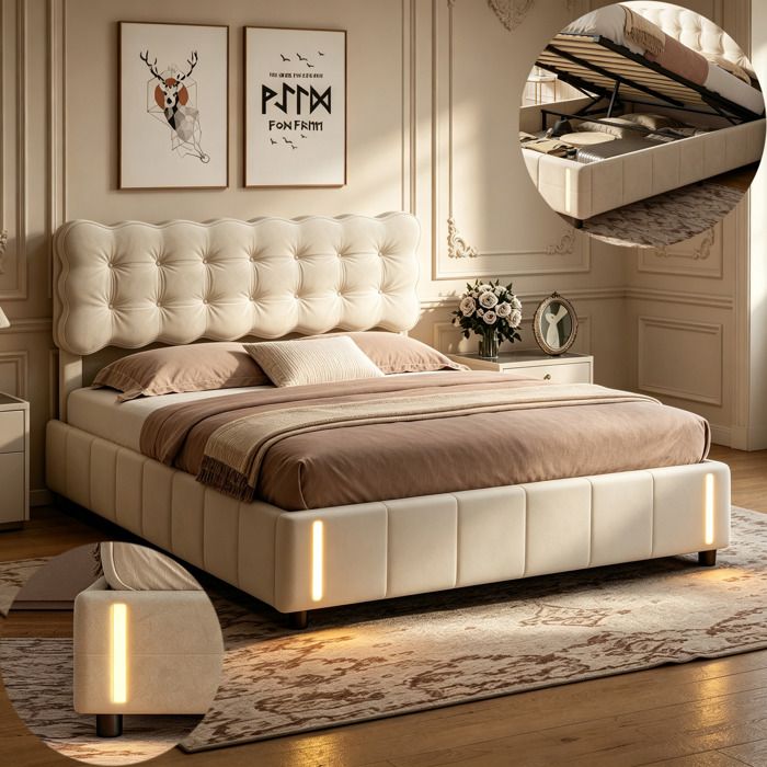 Lit 140x190 DRELYGWEA lit adulte 140x190 sommier à lattes LED cadre de lit coffre 140x190 tissu en velours beige