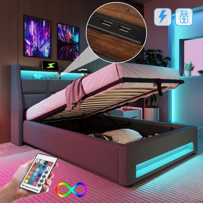 Lit simple avec coffre - MERAX - 90x200 - Tissu lin gris - LED multicolore - Ports USB intégrés Lit simple avec coffre - MERAX - 90x200 - Tissu lin gris - LED multicolore - Ports USB intégrés