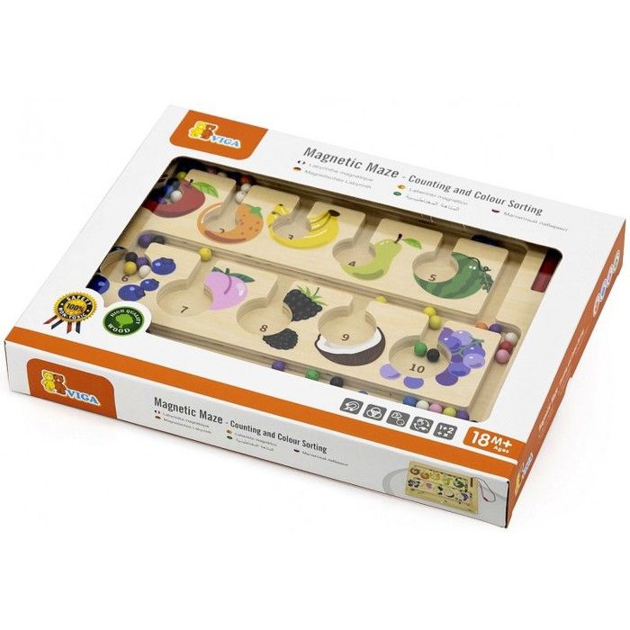 Jeu magnétique - Viga Toys VG-44745 - Labyrinthe en bois - 55 billes multicolores - Stylet magnétique