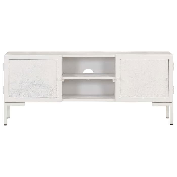 Meuble TV en bois de manguier - vidaXL - 115x30x46 cm - Blanc - Bois massif - 2 étagères - 2 portes - Style industriel