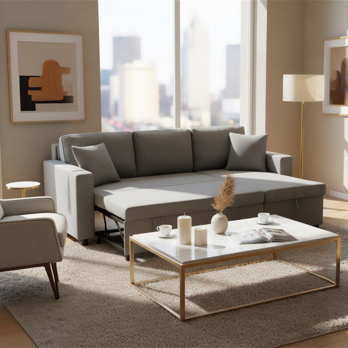 URBAN MEUBLE Canapé dangle convertible en tissu lin gris méridienne réversible 3 places URBAN MEUBLE Canapé dangle convertible en tissu lin gris méridienne réversible 3 places