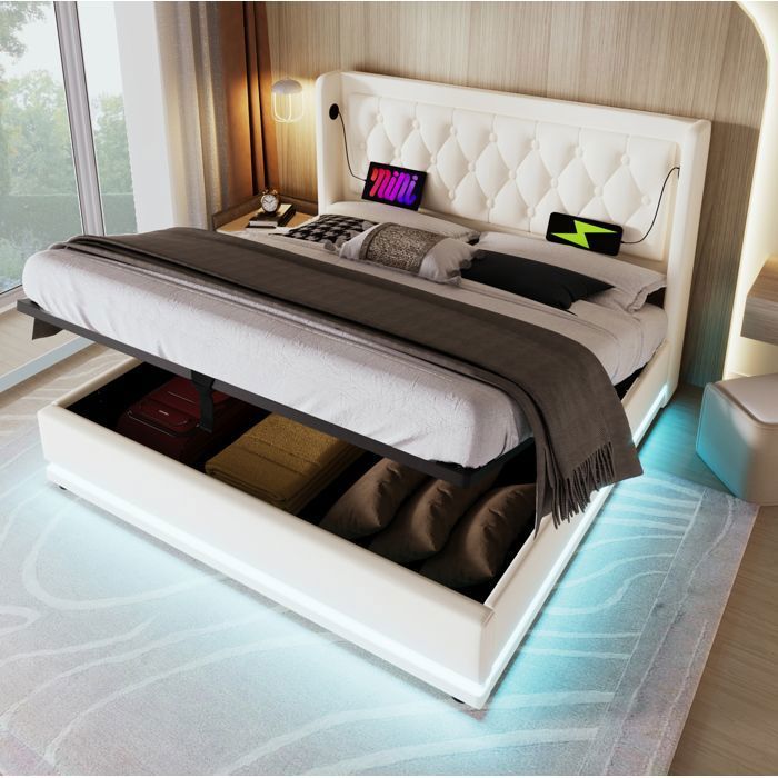 Lit double coffre blanc 160×200 cm avec sommier tête de lit rembourrée USB/Type-C LED 3 côtés