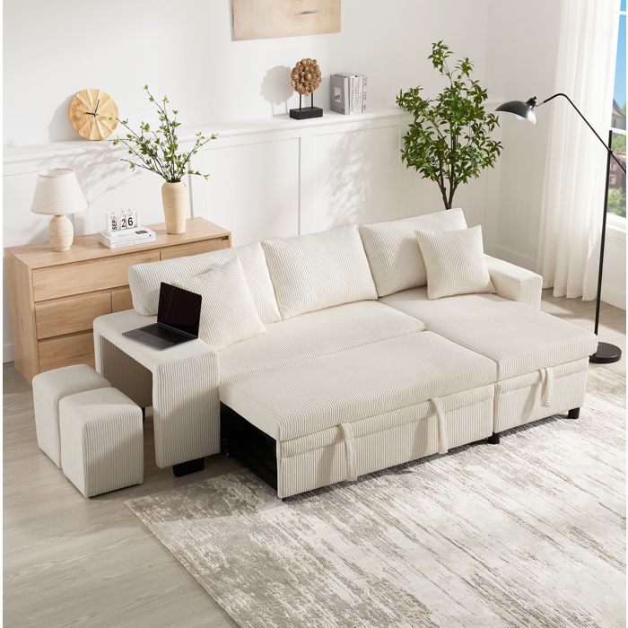Canapé d’angle convertible en velours côtelé beige avec rangement et ports USB/Type‑C