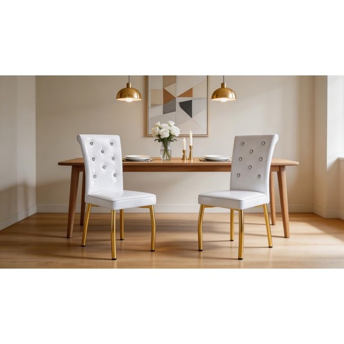 Chaise de salle à manger - Boucle cristal - Simili‑cuir effet alligator - Pieds métal doré - Lot de 2