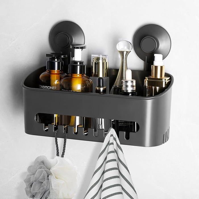 Etagère Douche Ventouse Serviteur Panier de Douche Amovible sans Perçage pour Salle de Bain Panier Rangement Gris Foncé