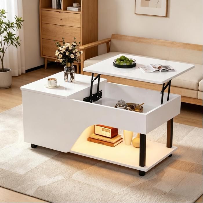 Table basse relevable 100x50x46 cm avec rangement caché et LED Pieds en métal Panneaux de particules Blanc