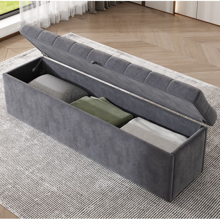 MEUBLIV Bout de lit banc coffre 138 x 41 x 42 cm en velours gris avec rangement