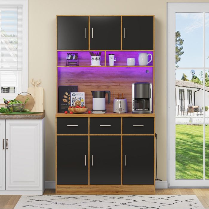 Buffet de cuisine 100x40x180 cm avec LED via application 6 portes 3 tiroirs prises USB naturel et noir