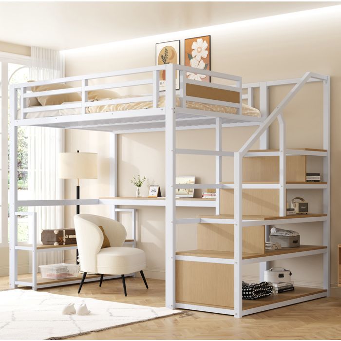 COVREO Lit mezzanine 140 x 200 cm en métal blanc avec bureau étagères et escalier de rangement
