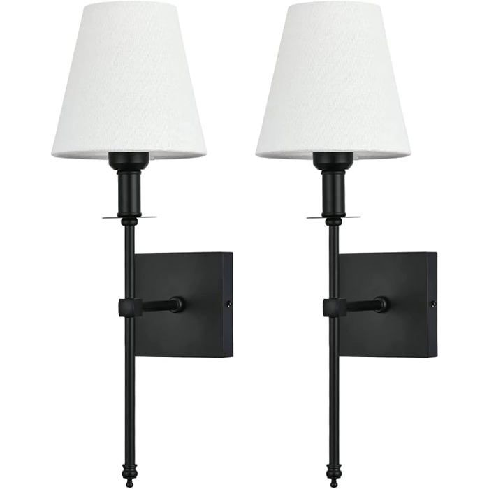 Lot de 2 Appliques Murales Intérieur Noir Lampe Murale avec Abat Jour en Tissu Bnc Luminaire Applique Métal pour Noir