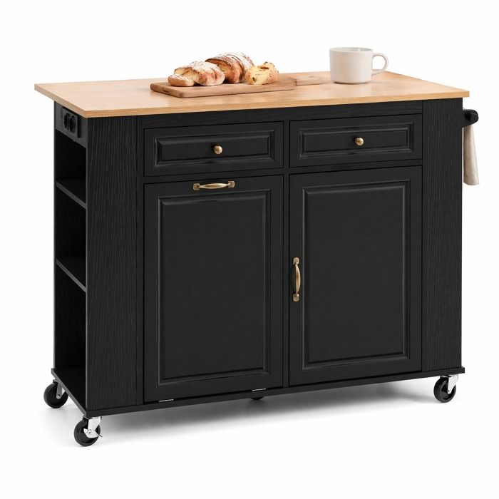 Îlot de cuisine noir avec roulettes table à manger extensible porte-serviettes compartiment poubelle et prises