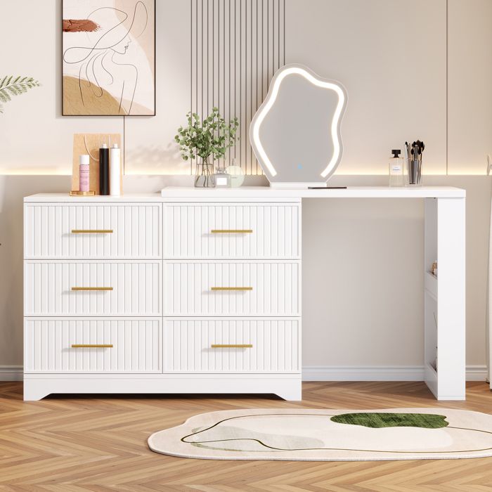 Coiffeuse pivotante blanche avec éclairage LED - 110 x 40 x 129 cm - Panneau de particules - Blanc et or