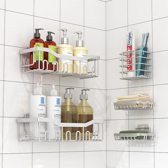 Rangement salle bain 5 pièces inox argent - Étagère douche sans perçage - Porte-savon brosse à dents organiseur