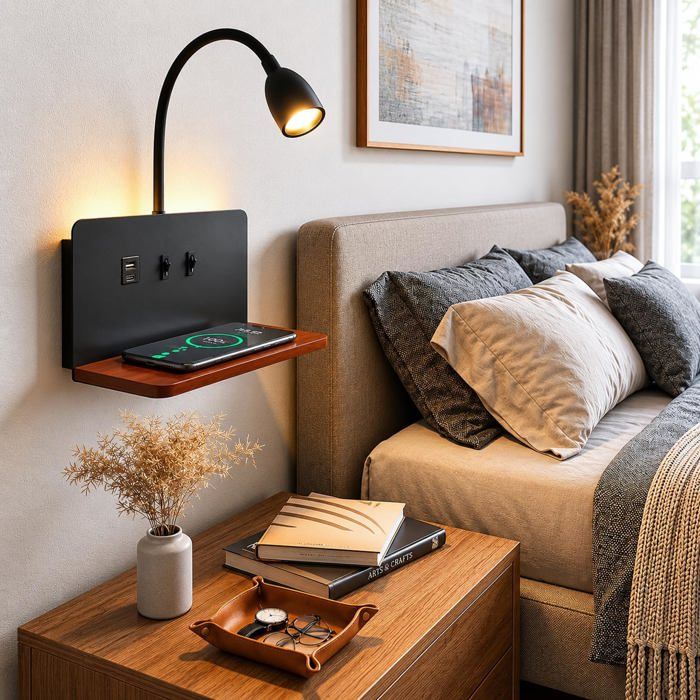 Applique murale LED noire 15W avec chargeur sans fil et port USB - bras flexible 360° intensité réglable 3 températures de couleur