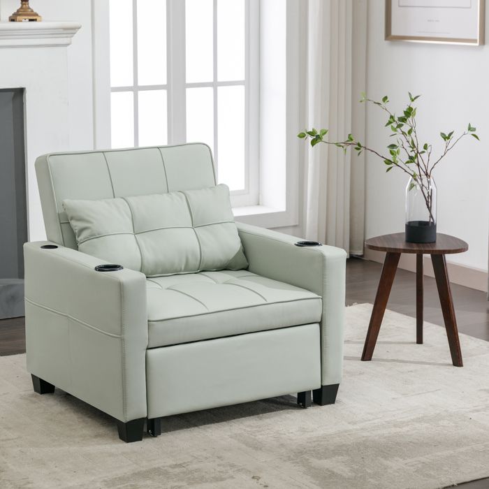 Canapé convertible 1 place - ZEVKOR - Canapé convertible 3-en-1 - Simili cuir vert clair - Porte-gobelet & port USB - Extensible