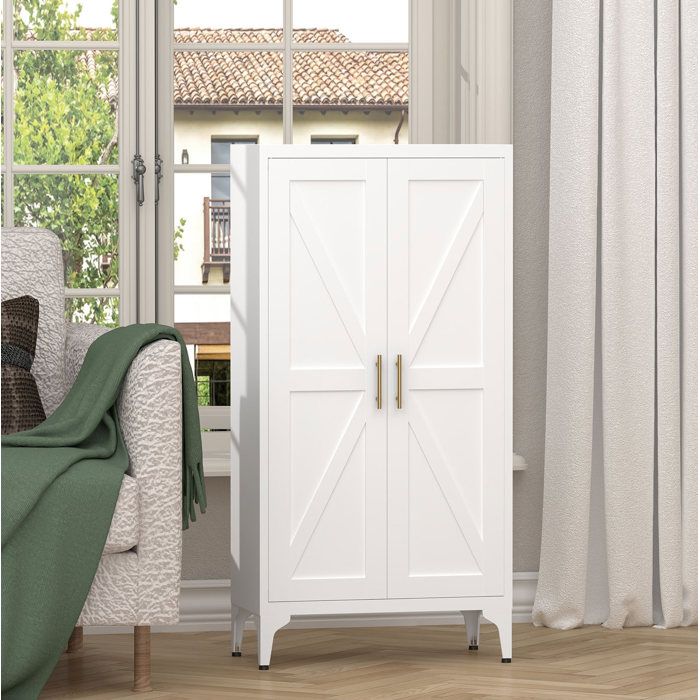 Armoire de rangement en métal blanche à 2 portes avec 3 étagères réglables